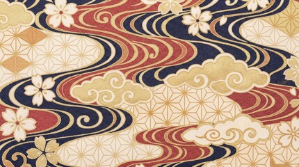 Traditional Japanese kimono fabric pattern with floral design  