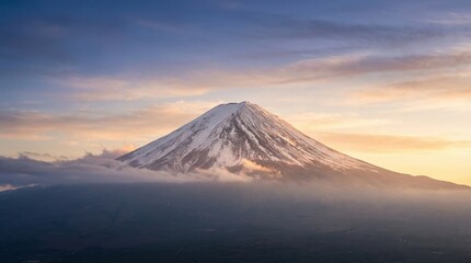 Mount Fuji with snow-capped peak and sunrise in the background  