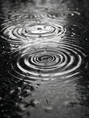 Monochrome Rain Droplets Hitting Wet Asphalt Creating Abstract Ripples