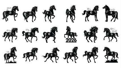 Year of the Horse 2026 Black Horse Silhouette Set Chinese New Year Zodiac Icons © Ruwani