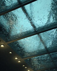 Heavy Rain Falling on Modern Glass Skylight Abstract Water Texture Background