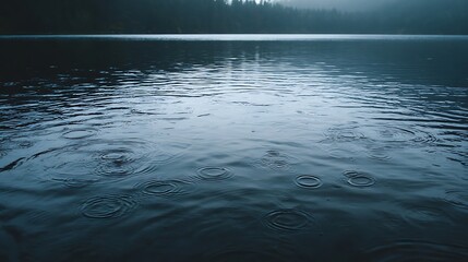Rain Ripples on Dark Lake Water Surface Forest Background Moody Atmosphere