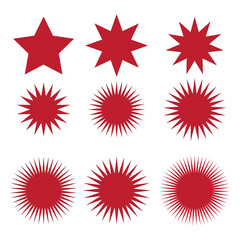 Red Starburst and Sunburst Abstract Geometric Shapes Isolated on Transparent Background