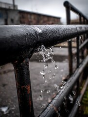 Water Droplets Falling from Wet Rusted Metal Railing Urban Rainstorm
