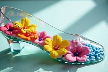 Stunning Transparent Glass Slipper with Vibrant Floral Sole Promoting Healthy Foot Arches: Close-Up Shot