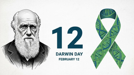 A vector graphic illustration of Charles Darwin and a DNA ribbon for Darwin Day on February 12