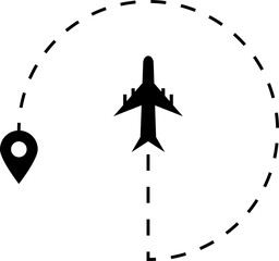Airplane route path icon with dashed line and location pin travel navigation vector guide