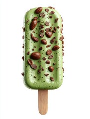 A delectable green ice cream bar topped with rich chocolate and coffee beans. Enjoy this treat on a warm day. Satisfy your sweet cravings. Generative AI