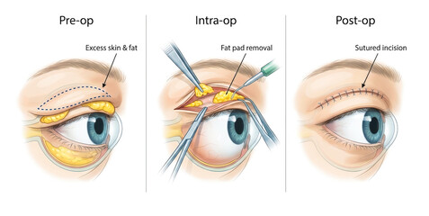 Female face before and after blepharoplasty, cosmetic eyelid surgery result showing lifted eyelids, rejuvenation, beauty transformation.