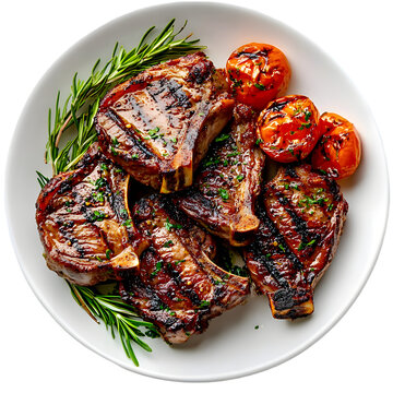 Delicious grilled lamb chops served with fresh rosemary and roasted tomatoes on a white plate