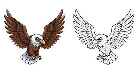 Obraz premium Flying Eagle Illustration Featuring Two Versions With Color and Black and White Line Art