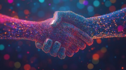 A vivid handshake represents collaboration and connection. Colorful particles enhance the digital interaction theme. Unity is key in our evolving world. Generative AI