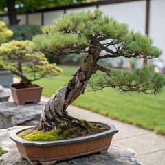 Serene bonsai tree in a brown pot on a stone pedestal outdoors