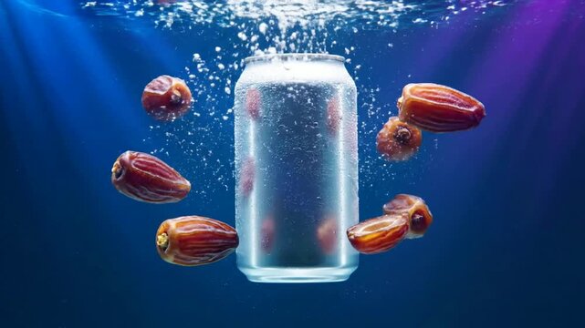 A refreshing silver soda can submerged in clear water with dates floating around it, creating bubbles.
