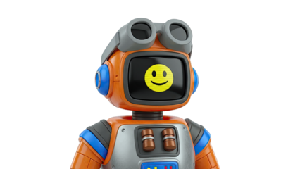 Cartoon robot with smiley face on screen and goggles