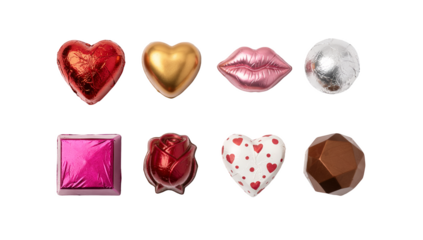 Gourmet chocolate set including heart, lip, rose, and geometric shapes isolated. Luxury Valentine's Day candy collection.