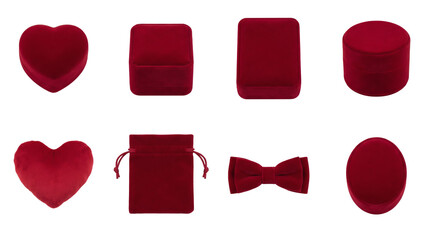 Fototapeta premium Red velvet gift boxes and accessories set including heart, square, rectangular, round, oval shapes, drawstring pouch, and bowtie isolated. Luxury jewelry packaging collection.