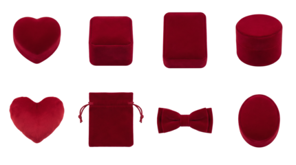 Red velvet gift boxes and accessories set including heart, square, rectangular, round, oval shapes, drawstring pouch, and bowtie isolated. Luxury jewelry packaging collection.