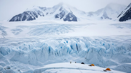 Icy Glacier-Covered Mountain Range with Crevasses and Seracs - Polar Expedition Scene