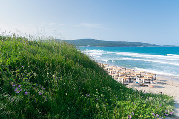 Sunny beach with sand dunes and blue sky in Bulgaria