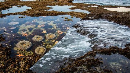 A fresh mountain stream with a cold cascade of water flowing over mossy forest rocks and stone riverbeds creates a motion-filled nature landscape