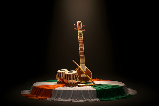 cultural celebration concept with traditional indian instruments on national colors