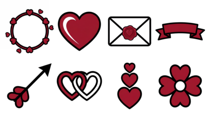 Valentine heart set including wreath, envelope, banner, arrow, and floral shapes isolated. Romantic design elements for wedding and love celebrations.