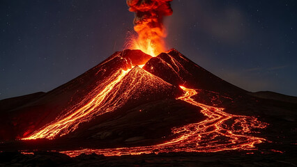 Volcanic Mountain Landscape with Lava Flow and Ash Clouds - Dynamic Geological Phenomenon