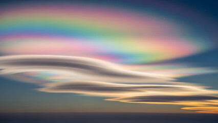 A vibrant abstract landscape featuring a colorful rainbow arching across a sunset sky reflected in the deep blue ocean water at dusk