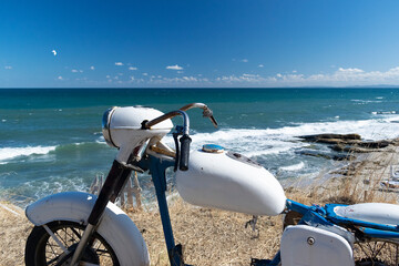 Retro cross bike on the beach in Ravda resort in Bulgaria