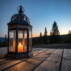 Cozy lantern on wooden deck at dusk with candlelight