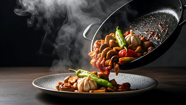 authentic Turkish mantar sote (mushroom saut&eacute;), steam rising from the juicy mix of mushrooms, green peppers, tomatoes, and garlic in a rich tomato paste sauce 