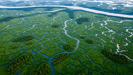 River Delta Forest Network of Streams and Islets - Lush Green Aerial Landscape Photography