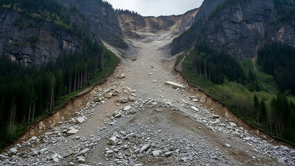 A winding mountain road follows a rushing river through a lush green summer landscape of dense forests, rocky valleys, and hiking trails under a clear sky