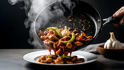 authentic Turkish mantar sote (mushroom saut&eacute;), steam rising from the juicy mix of mushrooms, green peppers, tomatoes, and garlic in a rich tomato paste sauce 