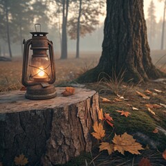Vintage lantern on tree stump in autumn forest with warm light