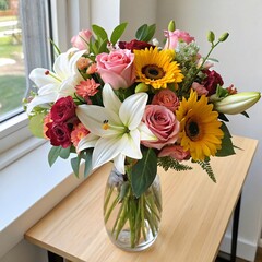 Vibrant bouquet of roses, sunflowers, and lilies in a vase