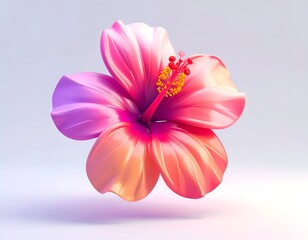 A stylized, vibrant, gradient-colored hibiscus flower floats in soft light
