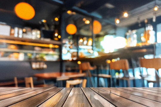 wood table in blurry background with fast food restaurant