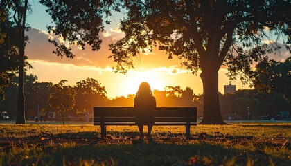 Silhouette of a lonely woman sitting on a park bench during sunset, conceptual image of solitude and tranquility.