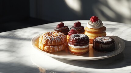 A tempting assortment of delicious desserts displayed on a stylish plate. Indulge in the sweet and delightful flavors of these beautifully crafted pastries. Generative AI