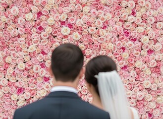 Romantic wedding couple before pink rose wall