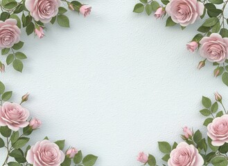 Soft pink roses frame with green leaves on white background