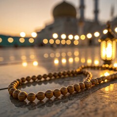 Golden prayer beads on marble floor with mosque lights