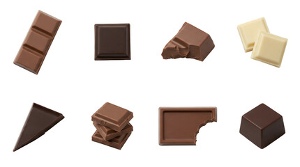 Chocolate pieces set including dark, milk, and white varieties with bitten and stacked squares isolated. Confectionery and sweet snack collection.