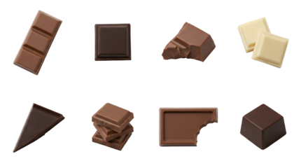 Chocolate pieces set including dark, milk, and white varieties with bitten and stacked squares isolated. Confectionery and sweet snack collection.