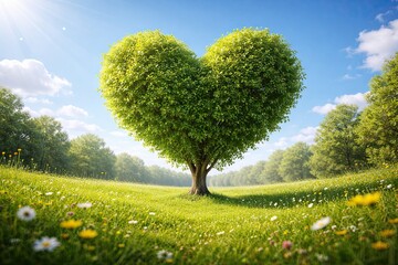 Heart shaped tree in a sunny green meadow with flowers