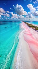 Stunning pink landscape with white sandy beach and turquoise ocean from above
