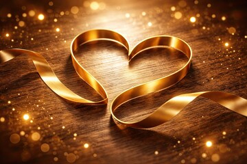 Golden ribbon heart on wooden background with sparkles