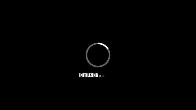 Loading animation with initializing text and progress circle on black background loading buffering